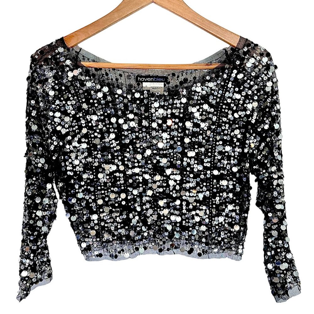 havenbleu Black Sheer Silver Sequin Cropped Long Sleeve Top Small - Picture 12 of 14